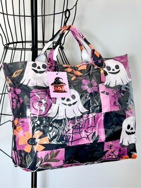 New Halloween Ghost Purple & Black Checkered PVC Handbag Purse Tote Bag 17.5x12”